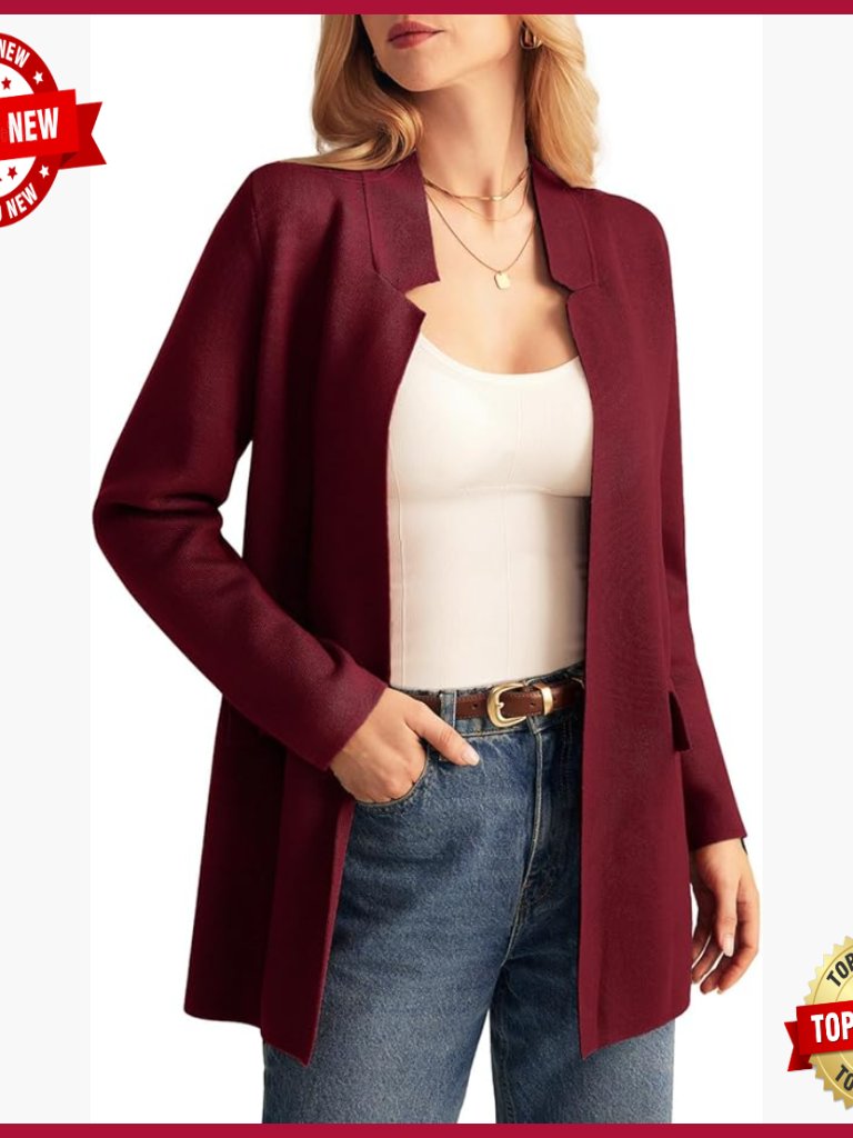 Knit Cardigan Blazer Open Front Notch Collar Long Sleeve
